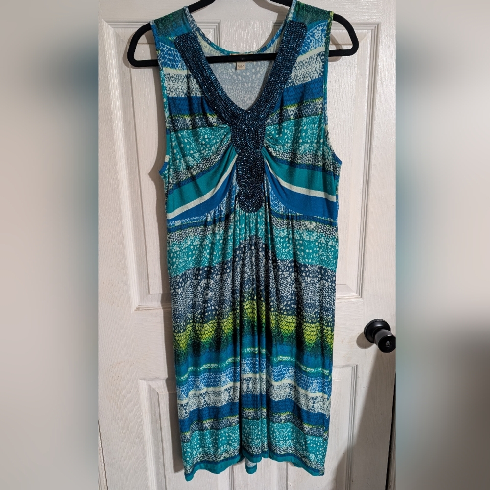 One World Striped Sleeveless Dress in Blue and Green XL 0092‎